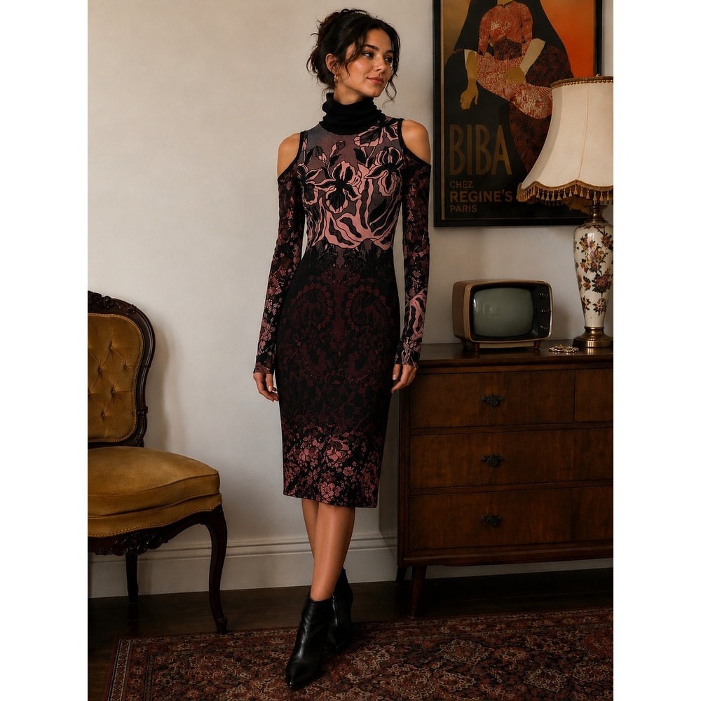 Fuzzi Italy Mesh Cold Shoulder Turtleneck Floral Damask Midi Dress XS Black Pink